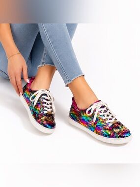 ALDO Merane Rainbow Sequin Sneakers Low Top Lace-Up Casual Shoes Colorful SZ 11